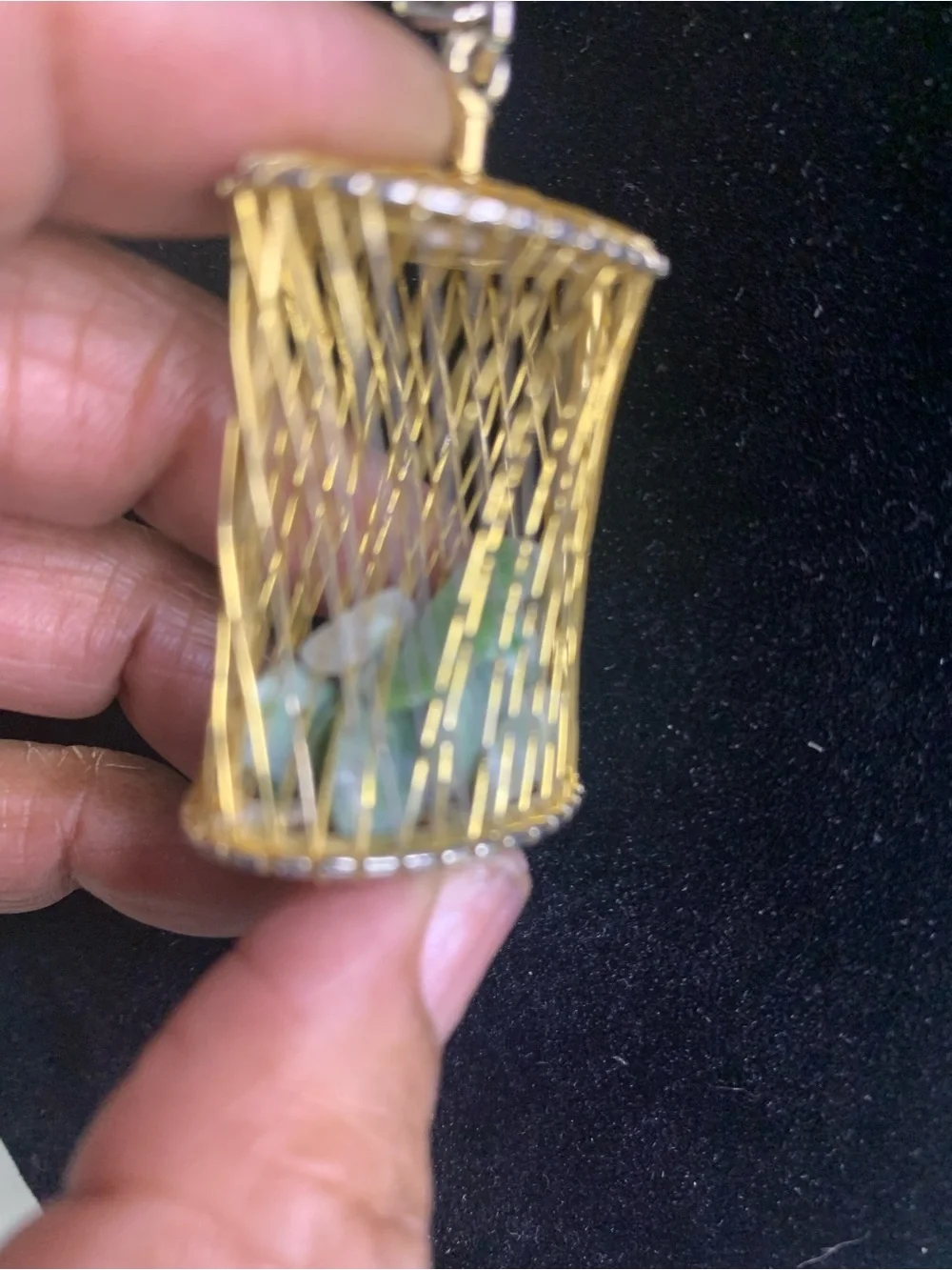 Gold Filled Mesh Wire Cage Pendant and Necklace with Green Jade Stones